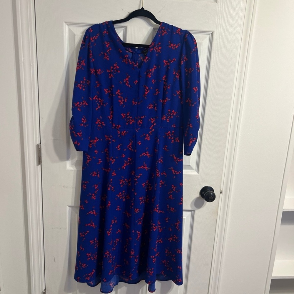 Ann Taylor Long Sleeve Blue Dress with Red Floral Print
